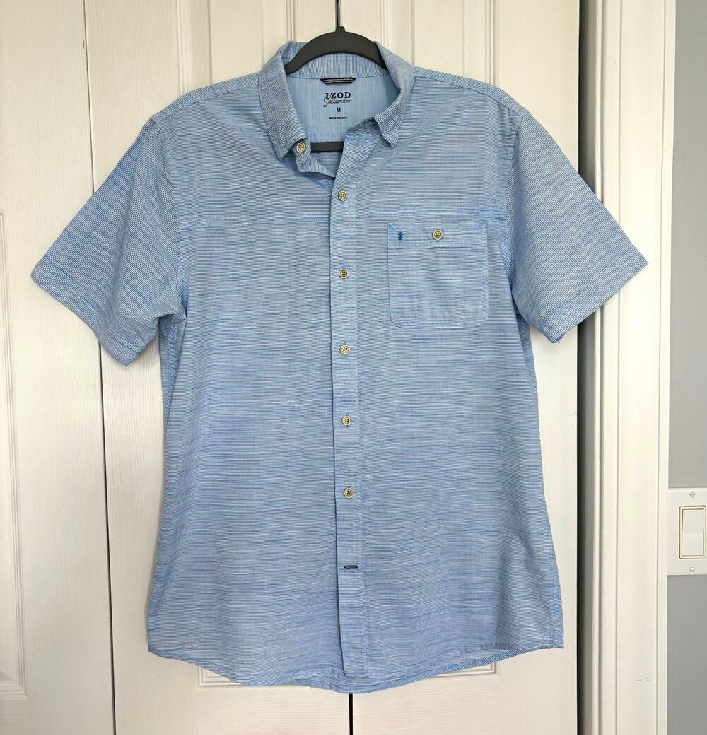 IZOD Saltwater Men’s Shirt M Blue White Microstripe 100% Cotton Button Down